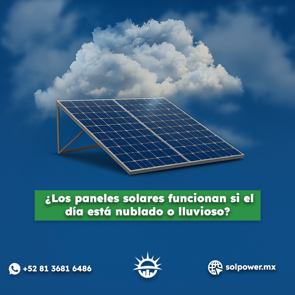 Panel solar frente a cielo nublado, representando la eficiencia de los paneles solares incluso en días lluviosos. Texto: ¿Los paneles solares funcionan si el día está nublado o lluvioso?